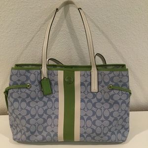 Coach Light Blue Weekender Tote with Green Accents